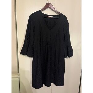 Jude‎ Connally Kerry Black Jacquard Knit Dress XXL Grand Links Bell Sleeve Shift